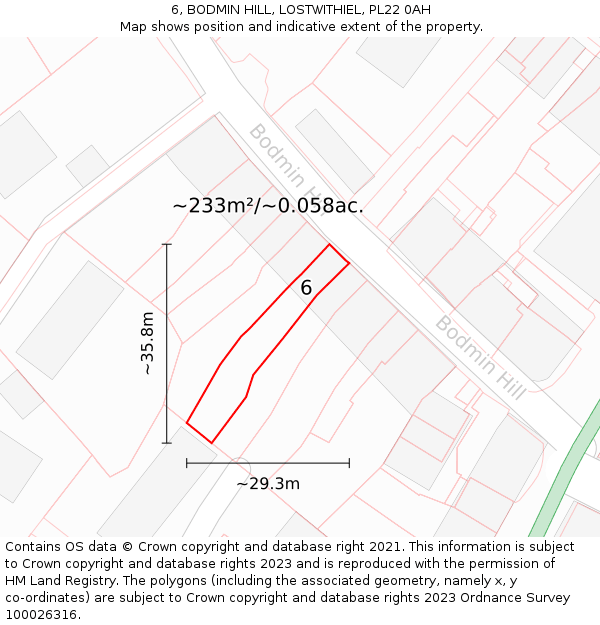 6, BODMIN HILL, LOSTWITHIEL, PL22 0AH: Plot and title map