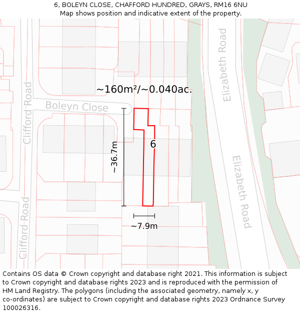 6, BOLEYN CLOSE, CHAFFORD HUNDRED, GRAYS, RM16 6NU: Plot and title map