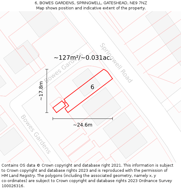 6, BOWES GARDENS, SPRINGWELL, GATESHEAD, NE9 7NZ: Plot and title map