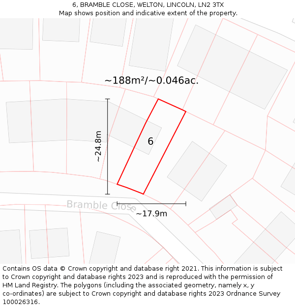 6, BRAMBLE CLOSE, WELTON, LINCOLN, LN2 3TX: Plot and title map