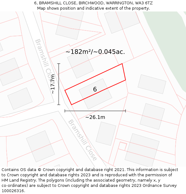 6, BRAMSHILL CLOSE, BIRCHWOOD, WARRINGTON, WA3 6TZ: Plot and title map