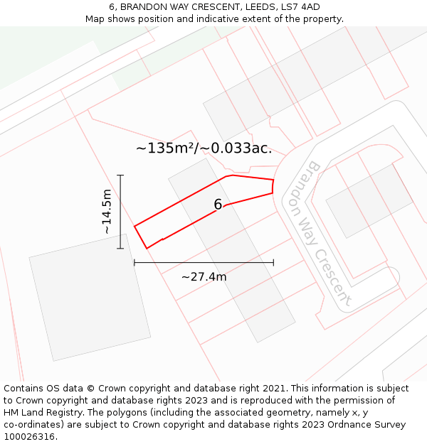 6, BRANDON WAY CRESCENT, LEEDS, LS7 4AD: Plot and title map