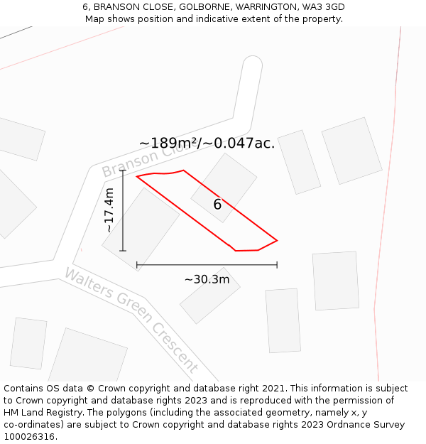 6, BRANSON CLOSE, GOLBORNE, WARRINGTON, WA3 3GD: Plot and title map