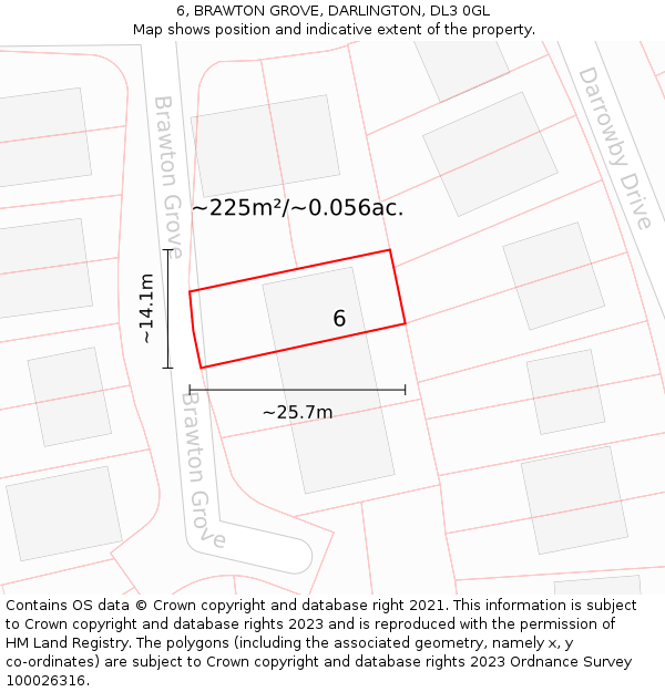 6, BRAWTON GROVE, DARLINGTON, DL3 0GL: Plot and title map