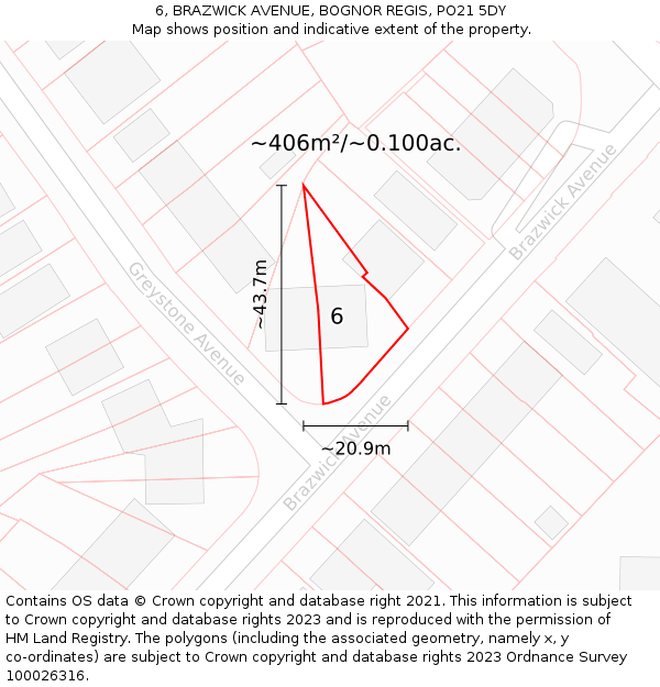 6, BRAZWICK AVENUE, BOGNOR REGIS, PO21 5DY: Plot and title map