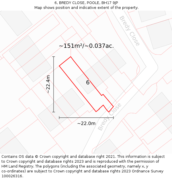 6, BREDY CLOSE, POOLE, BH17 9JP: Plot and title map