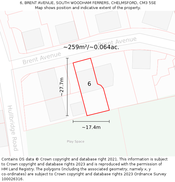 6, BRENT AVENUE, SOUTH WOODHAM FERRERS, CHELMSFORD, CM3 5SE: Plot and title map