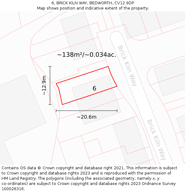 6, BRICK KILN WAY, BEDWORTH, CV12 9DP: Plot and title map