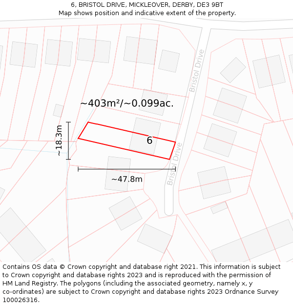 6, BRISTOL DRIVE, MICKLEOVER, DERBY, DE3 9BT: Plot and title map