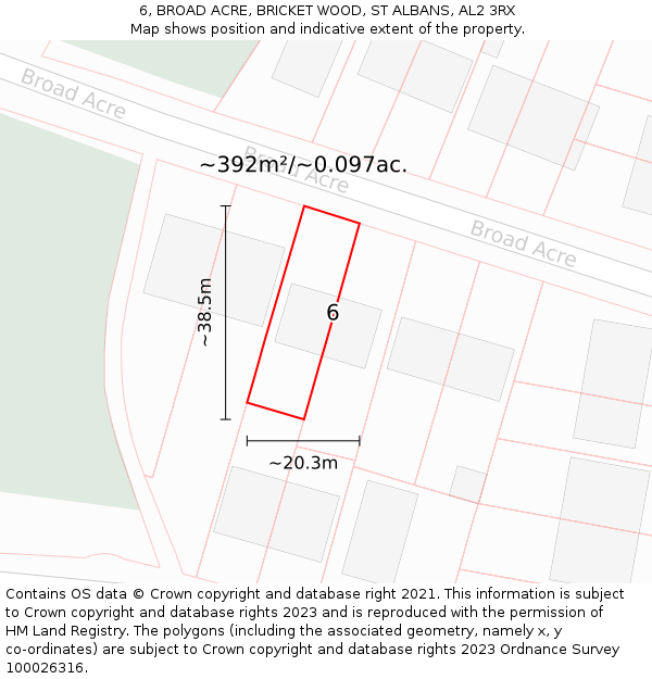 6, BROAD ACRE, BRICKET WOOD, ST ALBANS, AL2 3RX: Plot and title map