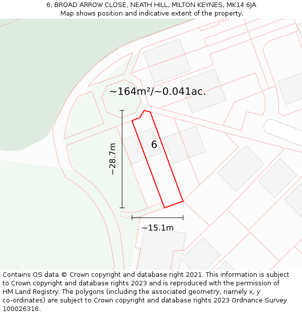 6, BROAD ARROW CLOSE, NEATH HILL, MILTON KEYNES, MK14 6JA: Plot and title map