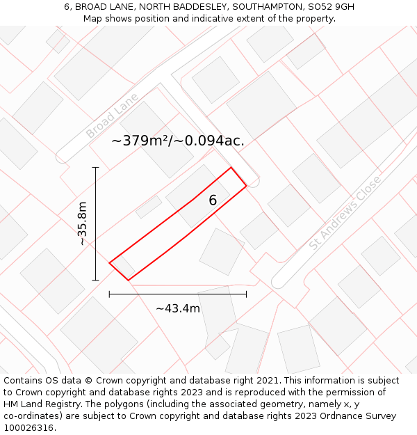 6, BROAD LANE, NORTH BADDESLEY, SOUTHAMPTON, SO52 9GH: Plot and title map