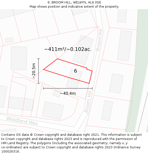 6, BROOM HILL, WELWYN, AL6 0SE: Plot and title map