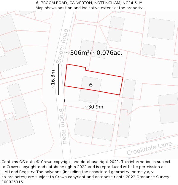6, BROOM ROAD, CALVERTON, NOTTINGHAM, NG14 6HA: Plot and title map