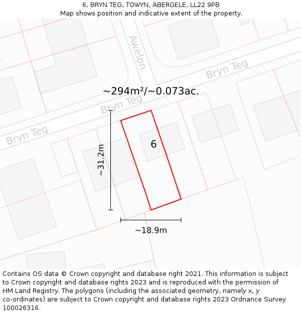 6, BRYN TEG, TOWYN, ABERGELE, LL22 9PB: Plot and title map