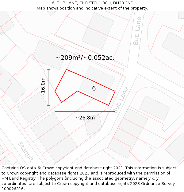 6, BUB LANE, CHRISTCHURCH, BH23 3NF: Plot and title map