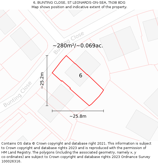 6, BUNTING CLOSE, ST LEONARDS-ON-SEA, TN38 8DG: Plot and title map