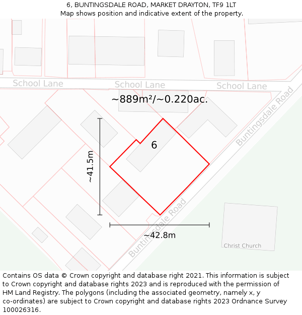 6, BUNTINGSDALE ROAD, MARKET DRAYTON, TF9 1LT: Plot and title map