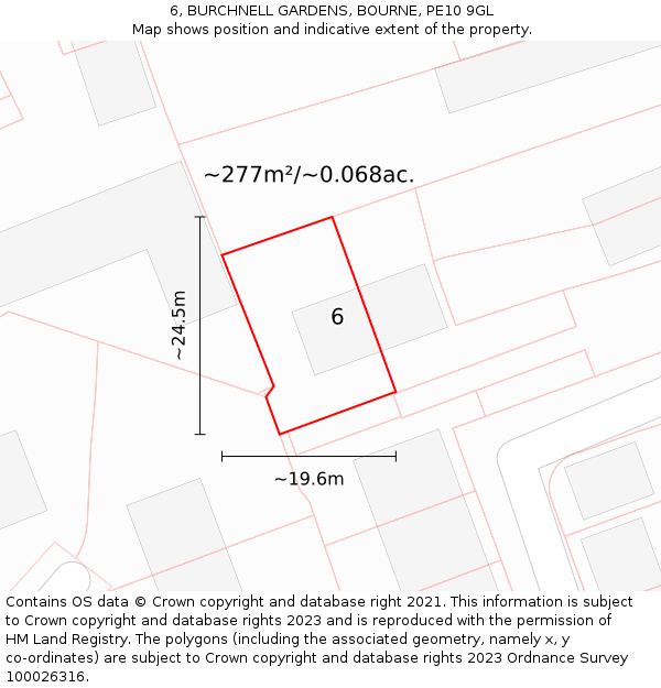 6, BURCHNELL GARDENS, BOURNE, PE10 9GL: Plot and title map