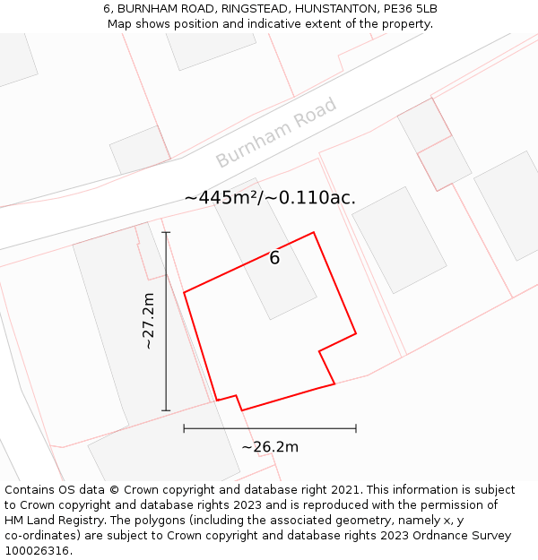 6, BURNHAM ROAD, RINGSTEAD, HUNSTANTON, PE36 5LB: Plot and title map