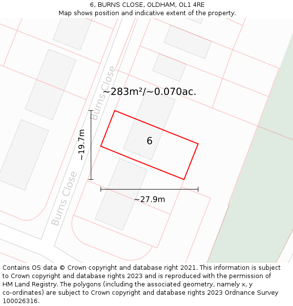 6, BURNS CLOSE, OLDHAM, OL1 4RE: Plot and title map