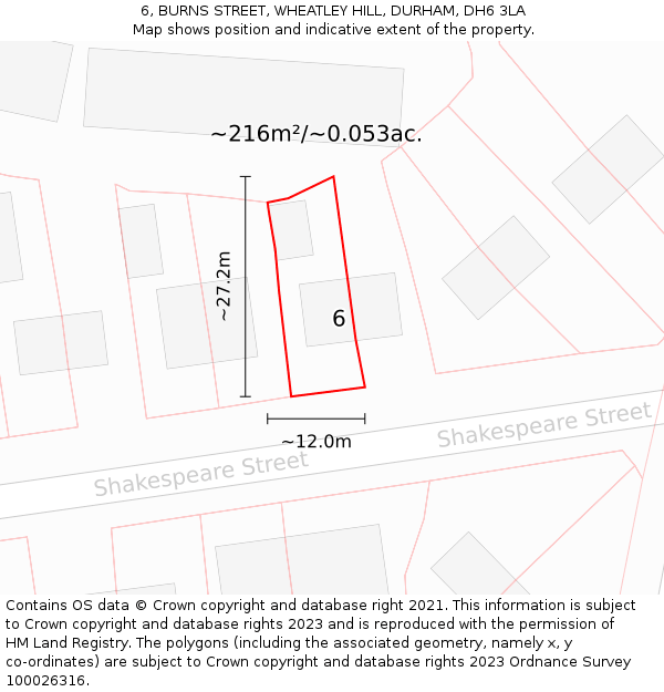 6, BURNS STREET, WHEATLEY HILL, DURHAM, DH6 3LA: Plot and title map