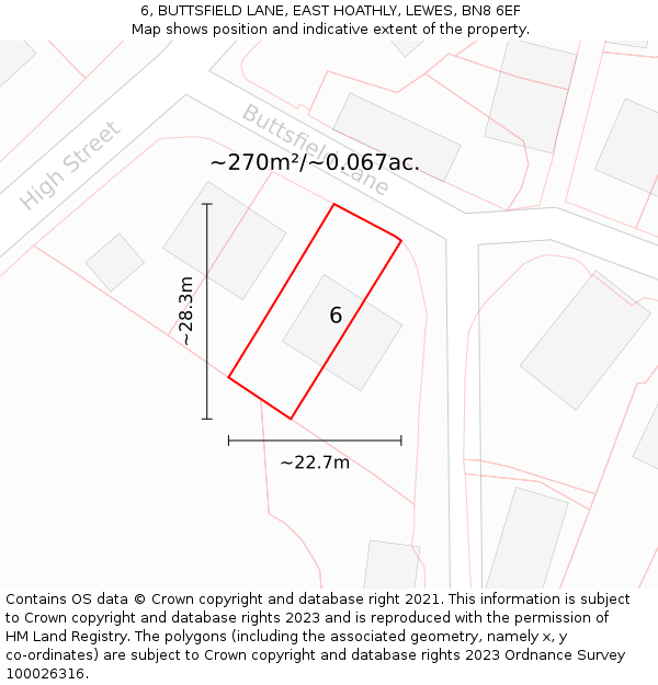 6, BUTTSFIELD LANE, EAST HOATHLY, LEWES, BN8 6EF: Plot and title map