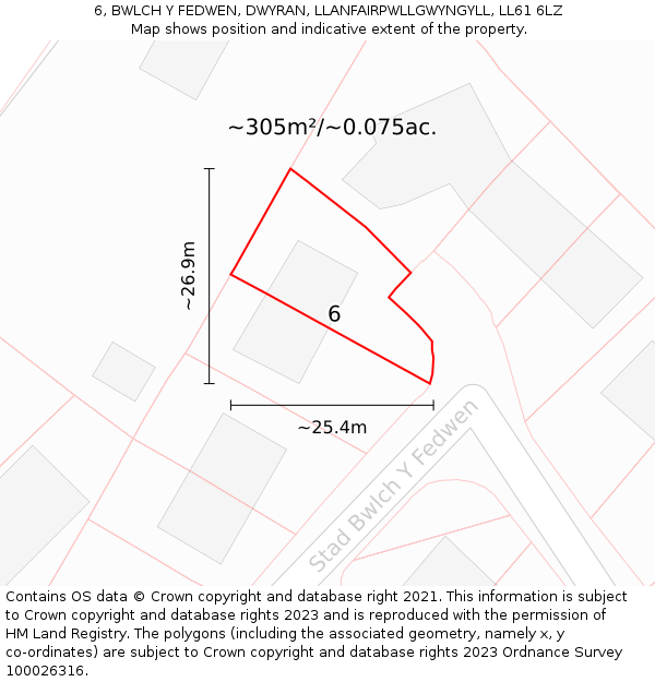 6, BWLCH Y FEDWEN, DWYRAN, LLANFAIRPWLLGWYNGYLL, LL61 6LZ: Plot and title map