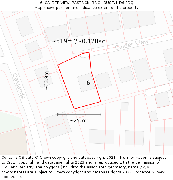 6, CALDER VIEW, RASTRICK, BRIGHOUSE, HD6 3DQ: Plot and title map