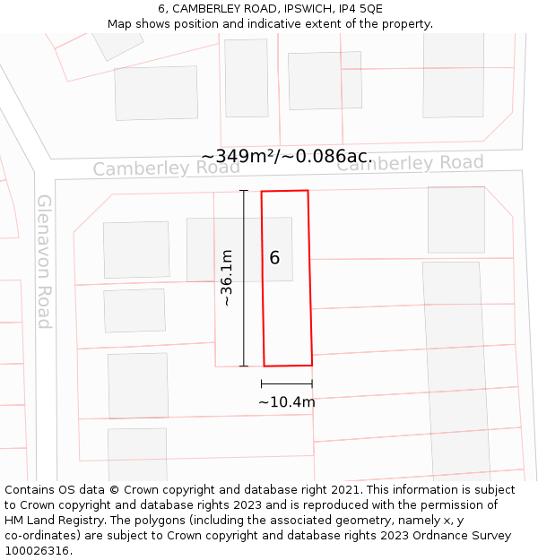 6, CAMBERLEY ROAD, IPSWICH, IP4 5QE: Plot and title map