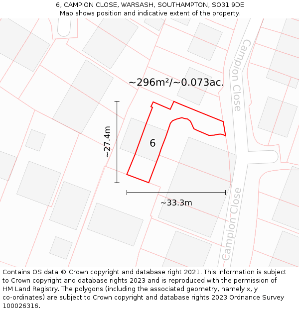 6, CAMPION CLOSE, WARSASH, SOUTHAMPTON, SO31 9DE: Plot and title map