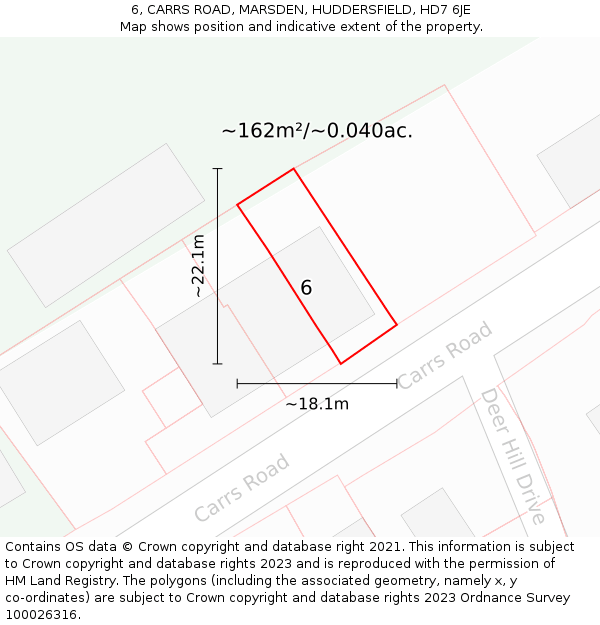 6, CARRS ROAD, MARSDEN, HUDDERSFIELD, HD7 6JE: Plot and title map