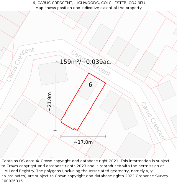 6, CARUS CRESCENT, HIGHWOODS, COLCHESTER, CO4 9FU: Plot and title map