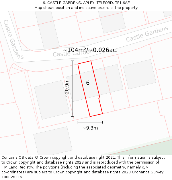 6, CASTLE GARDENS, APLEY, TELFORD, TF1 6AE: Plot and title map