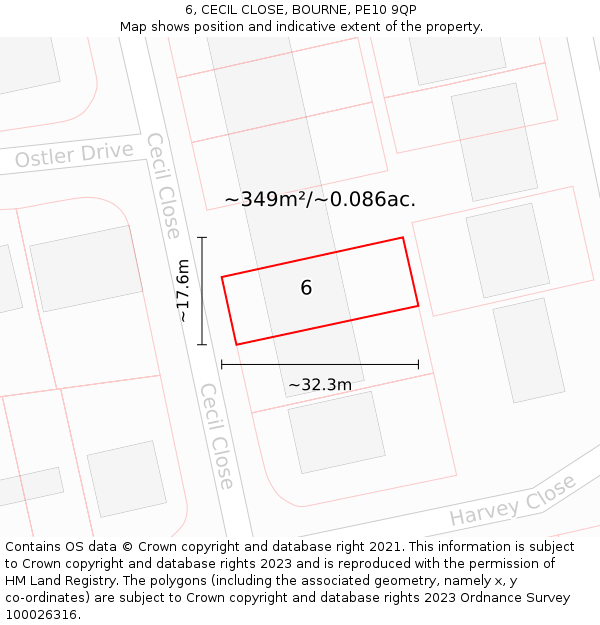 6, CECIL CLOSE, BOURNE, PE10 9QP: Plot and title map