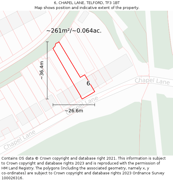 6, CHAPEL LANE, TELFORD, TF3 1BT: Plot and title map