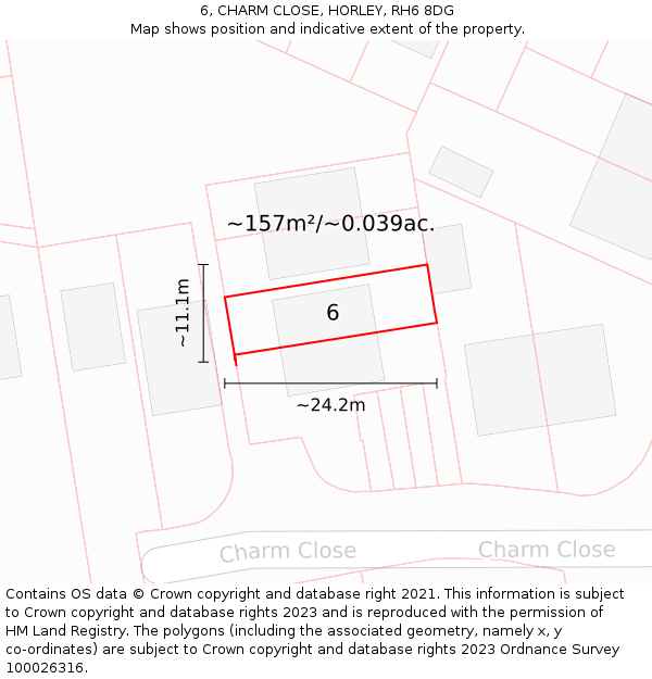 6, CHARM CLOSE, HORLEY, RH6 8DG: Plot and title map