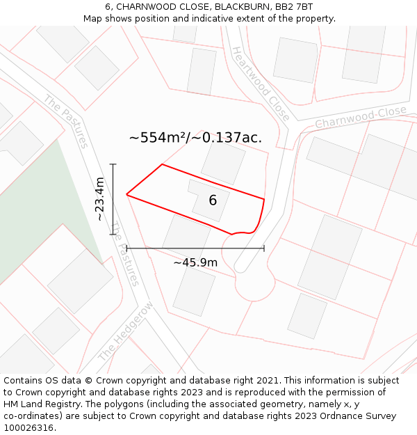 6, CHARNWOOD CLOSE, BLACKBURN, BB2 7BT: Plot and title map