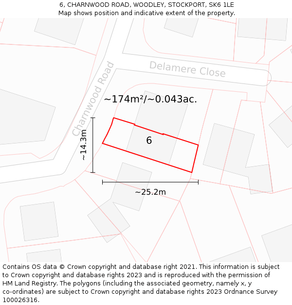 6, CHARNWOOD ROAD, WOODLEY, STOCKPORT, SK6 1LE: Plot and title map