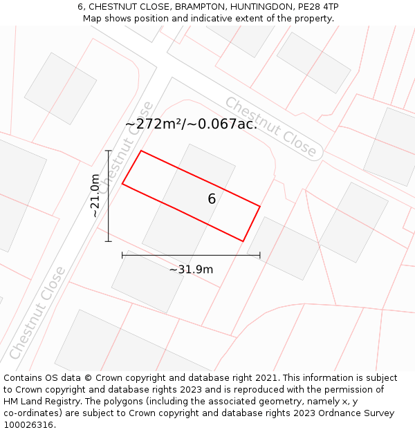 6, CHESTNUT CLOSE, BRAMPTON, HUNTINGDON, PE28 4TP: Plot and title map