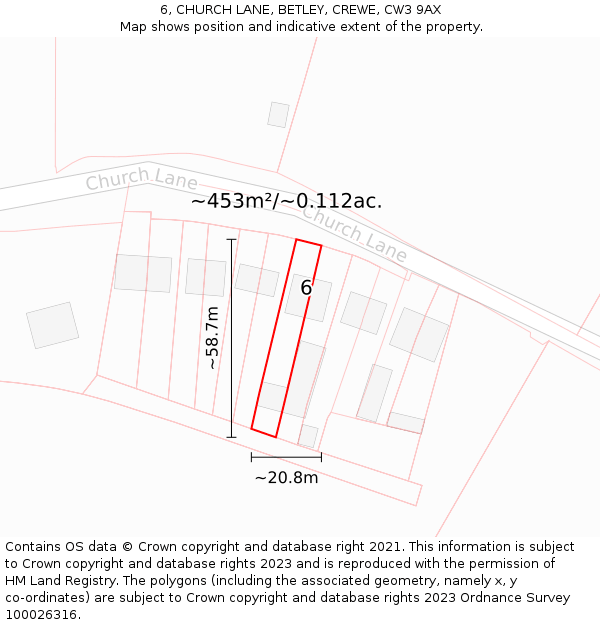 6, CHURCH LANE, BETLEY, CREWE, CW3 9AX: Plot and title map