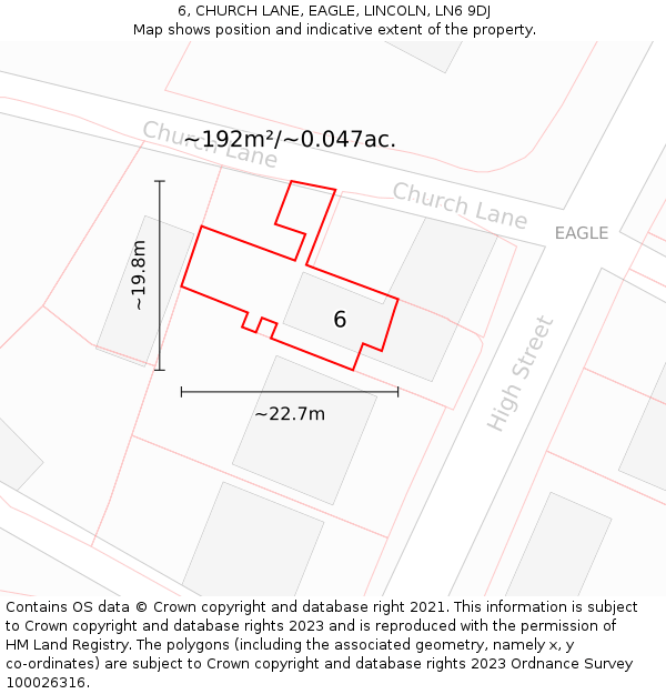 6, CHURCH LANE, EAGLE, LINCOLN, LN6 9DJ: Plot and title map