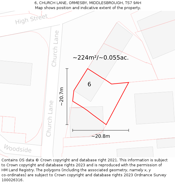 6, CHURCH LANE, ORMESBY, MIDDLESBROUGH, TS7 9AH: Plot and title map