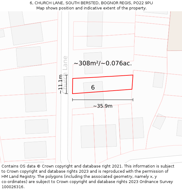 6, CHURCH LANE, SOUTH BERSTED, BOGNOR REGIS, PO22 9PU: Plot and title map