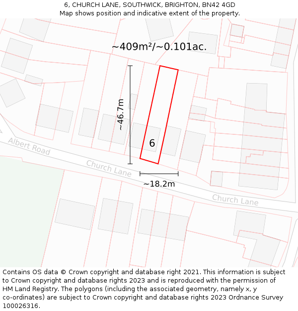 6, CHURCH LANE, SOUTHWICK, BRIGHTON, BN42 4GD: Plot and title map