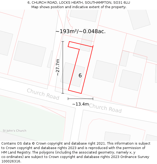 6, CHURCH ROAD, LOCKS HEATH, SOUTHAMPTON, SO31 6LU: Plot and title map