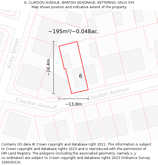 6, CLAYDON AVENUE, BARTON SEAGRAVE, KETTERING, NN15 5YX: Plot and title map