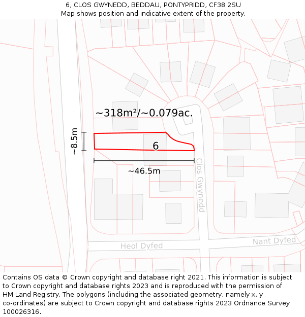 6, CLOS GWYNEDD, BEDDAU, PONTYPRIDD, CF38 2SU: Plot and title map