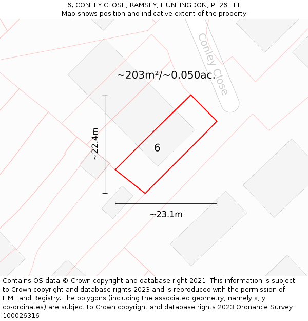 6, CONLEY CLOSE, RAMSEY, HUNTINGDON, PE26 1EL: Plot and title map