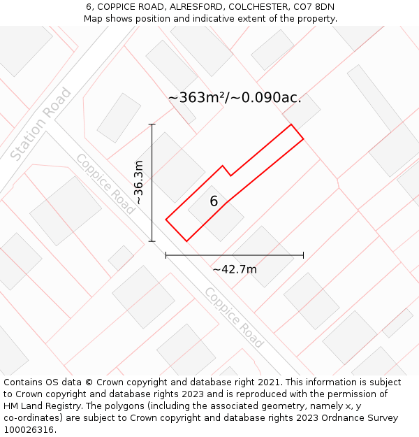 6, COPPICE ROAD, ALRESFORD, COLCHESTER, CO7 8DN: Plot and title map